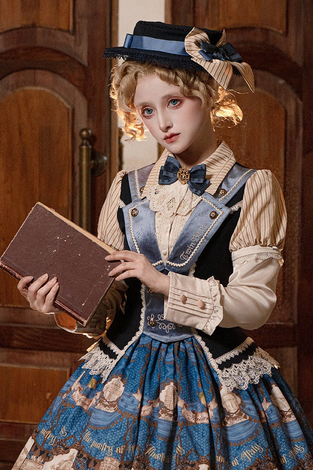 [Reservation Deadline: November 6] Beige Striped Short-Sleeve Lolita Shirt with Beautiful Embroidery and a Layered Lace Collar + Pair of Detachable Long Sleeves + Long-Sleeve Shirt (with Detachable Embroidered Collar)