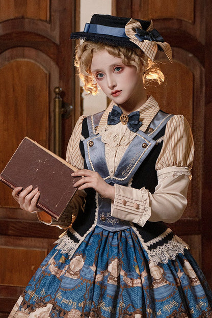 [Reservation Deadline: November 6] Beige Striped Short-Sleeve Lolita Shirt with Beautiful Embroidery and a Layered Lace Collar + Pair of Detachable Long Sleeves + Long-Sleeve Shirt (with Detachable Embroidered Collar)