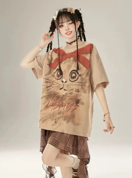 11SH97 Hand Painted Cat Big T-Shirt Women's Summer Loose Oversize Bottoms Missing Short Sleeve Chic Half Sleeve Top