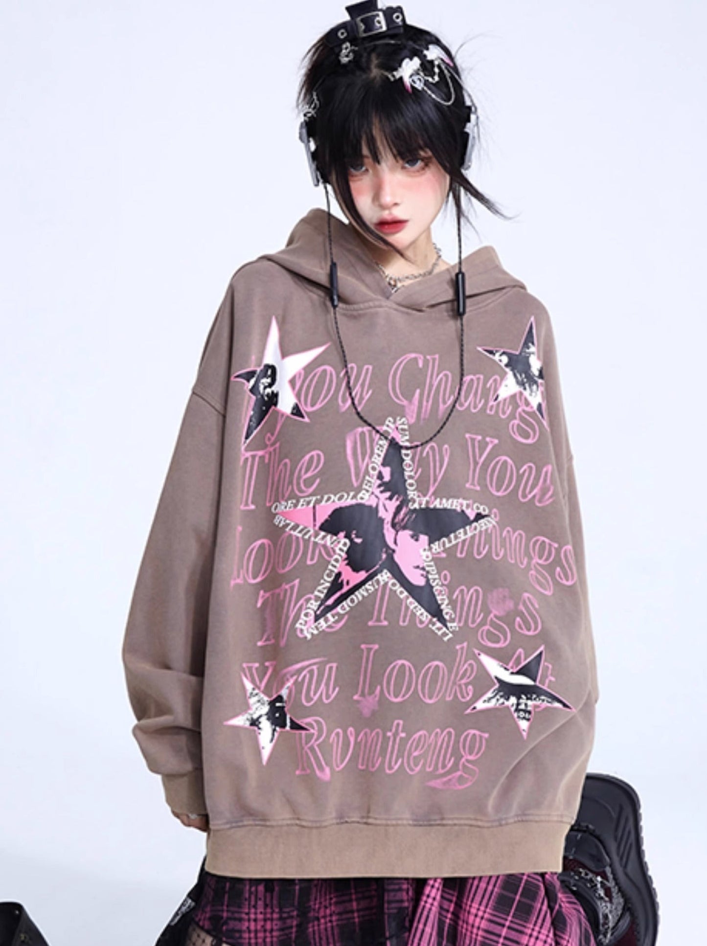 American Retro Schwarzer Druck Oversize Hoodie