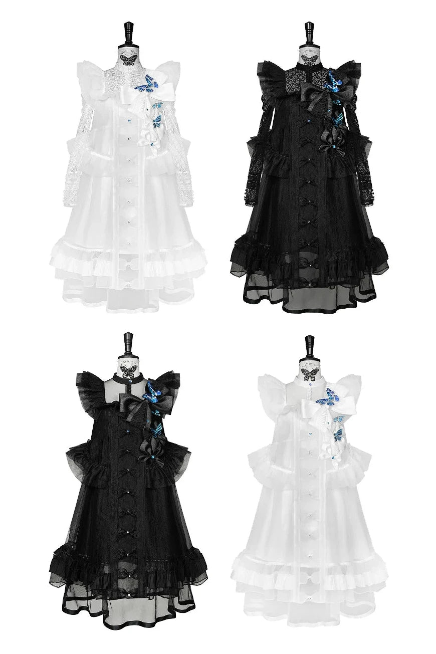 [Vorbestellschluss: 10. Monat, 14. Tag] Schwarz/Weißes Gothic-Lolita-Innentop aus transparenter Spitze mit langen Ärmeln