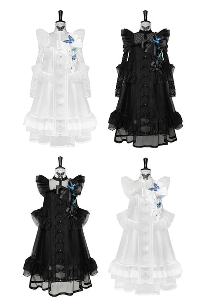 [Vorbestellschluss: 10. Monat, 14. Tag] Schwarz/Weißes Gothic-Lolita-Innentop aus transparenter Spitze mit langen Ärmeln