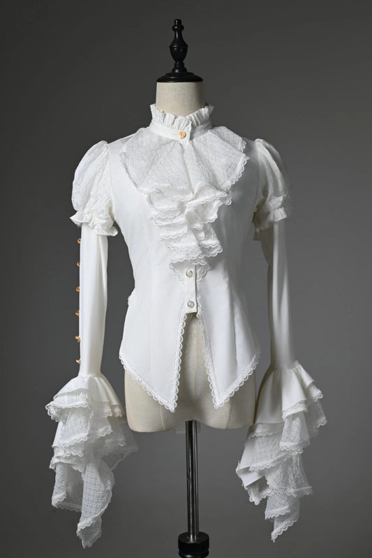 [Pre-order Deadline: July 25] Black/White Gothic Lolita Elegant Ruffle High-Neck Bell-Sleeve Lace Ruffle Shirt