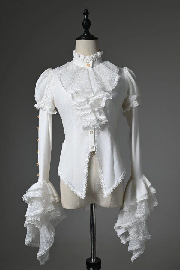 [Pre-order Deadline: July 25] Black/White Gothic Lolita Elegant Ruffle High-Neck Bell-Sleeve Lace Ruffle Shirt