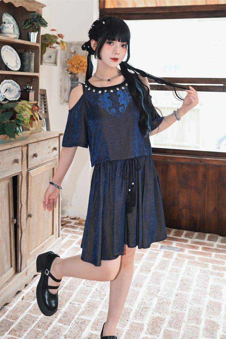 チャイナデザインオフショルダートップス+タッセルスカート