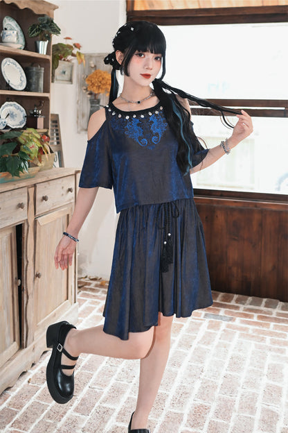 チャイナデザインオフショルダートップス+タッセルスカート