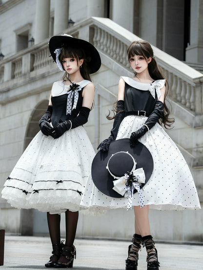 [Reservierungsfrist: 17. August] Elegantes klassisches Lolita-Kleid mit Polka Dots und Schleife (mit Schnallengürtel & Schleifenbrosche)