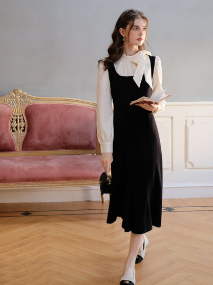 Queen Half Love Song French Lace-up Ribbon Knit Fishtail Schwarzes Kleid