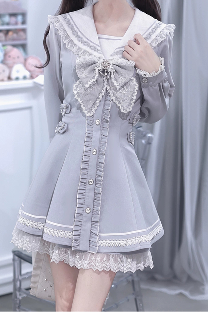 [Pre-order Deadline: September 29] Blue Sailor Collar Frill Lace Trim Dress + Shorts + Cross Charm Jewel Bow Tie Set