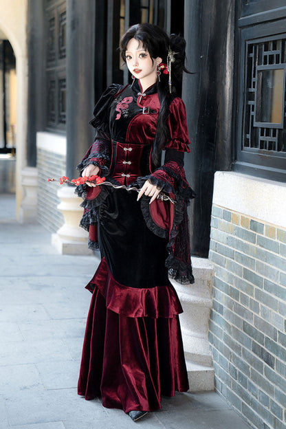 Graceful Black Red China Dark Elegant Long Dress