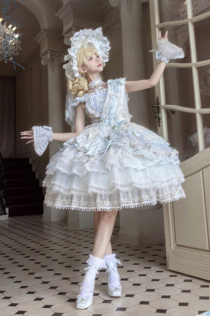 [Reservierungsschluss 1. August] Blau-weißes Sweet-Lolita-Stufenkleid-Set mit Blumenmuster