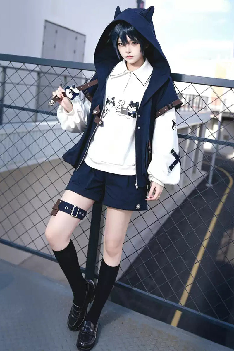【9月25日予約締切】Prince Style Street Casual Cat Ear Hooded Short-Sleeve Jacket + Dog Print Top + Shorts with Leg Rings＋Full Set