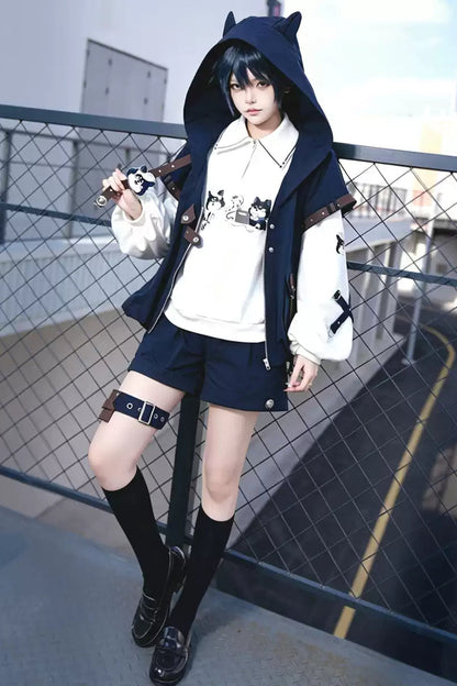 【9月25日予約締切】Prince Style Street Casual Cat Ear Hooded Short-Sleeve Jacket + Dog Print Top + Shorts with Leg Rings＋Full Set