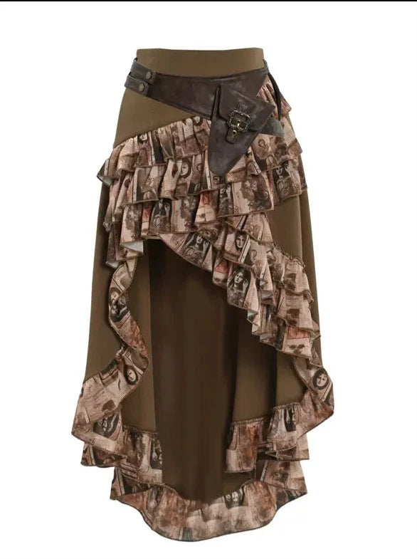 Steampunk PU Antique Retro Trailing Waist Bag Ruffle Skirt
