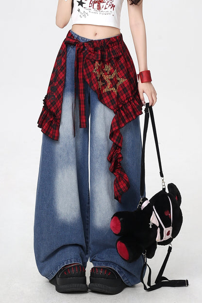 ストリートルーズデニムパンツ+チェック柄レース