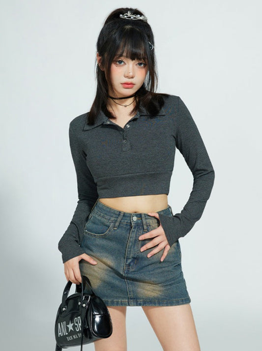 Polo collar short tops