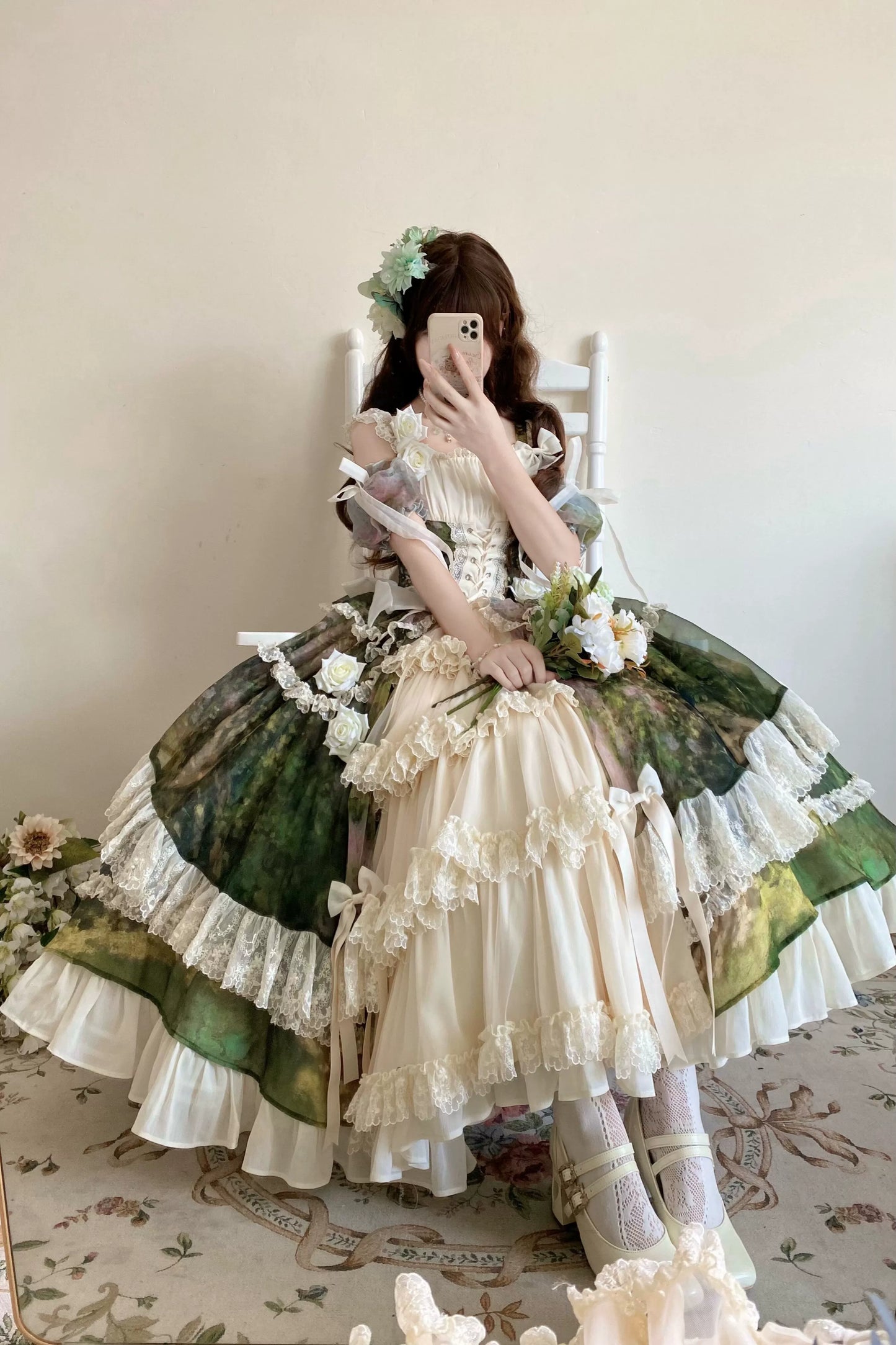 【8月23日予約締切】Elegant Forest Floral Oil Painting Print Classical Lolita Tiered JKS Dress Type 1/2