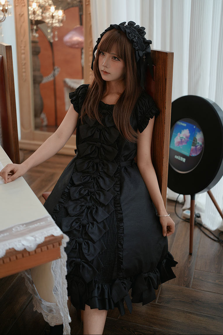 [November 15 Reservation Deadline] Black Gothic Doll-Style Front-And-Back Two-Way Ruffle Ribbon Lolita Dress (Short/Long) + Matching Shorts (Short/Long) + BB Hat