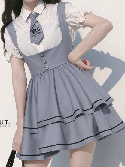 Wild Berry Cake Set puff sleeve shirt + long sleeve shirt + suspender tutu skirt + tie