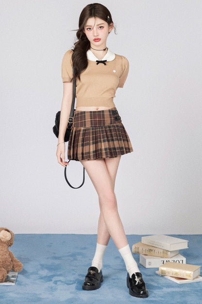 Niche Bell Collar Knit Top + Check Skirt