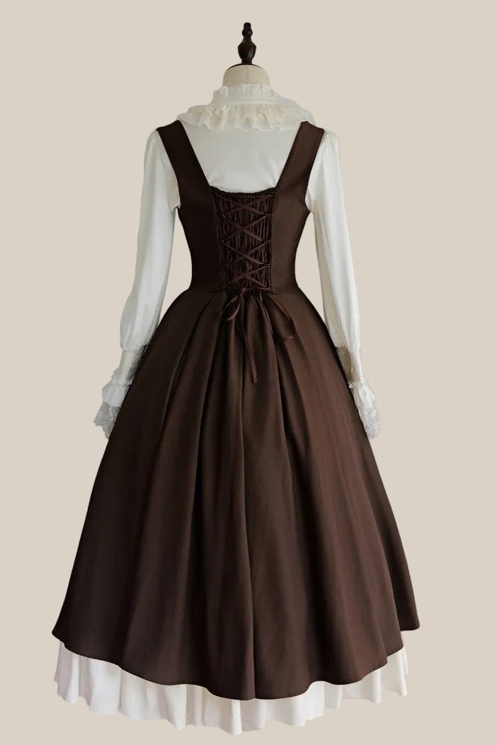 [Date limite de précommande : 9/19] Robe plissée bustier corset marron classique à broderie de roses [courte/longue]