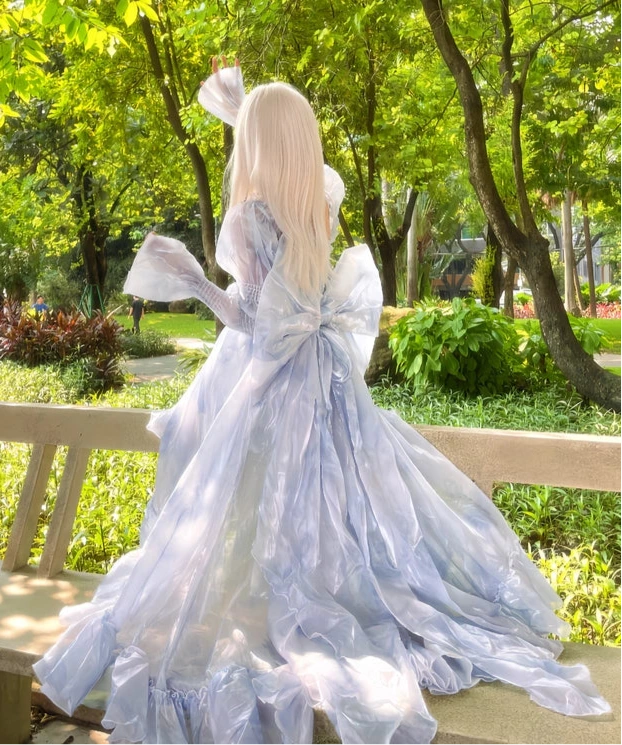 [Pre-order product] Snow Blue Sparkling Series Long Tail Bustier Dress + Back Ribbon