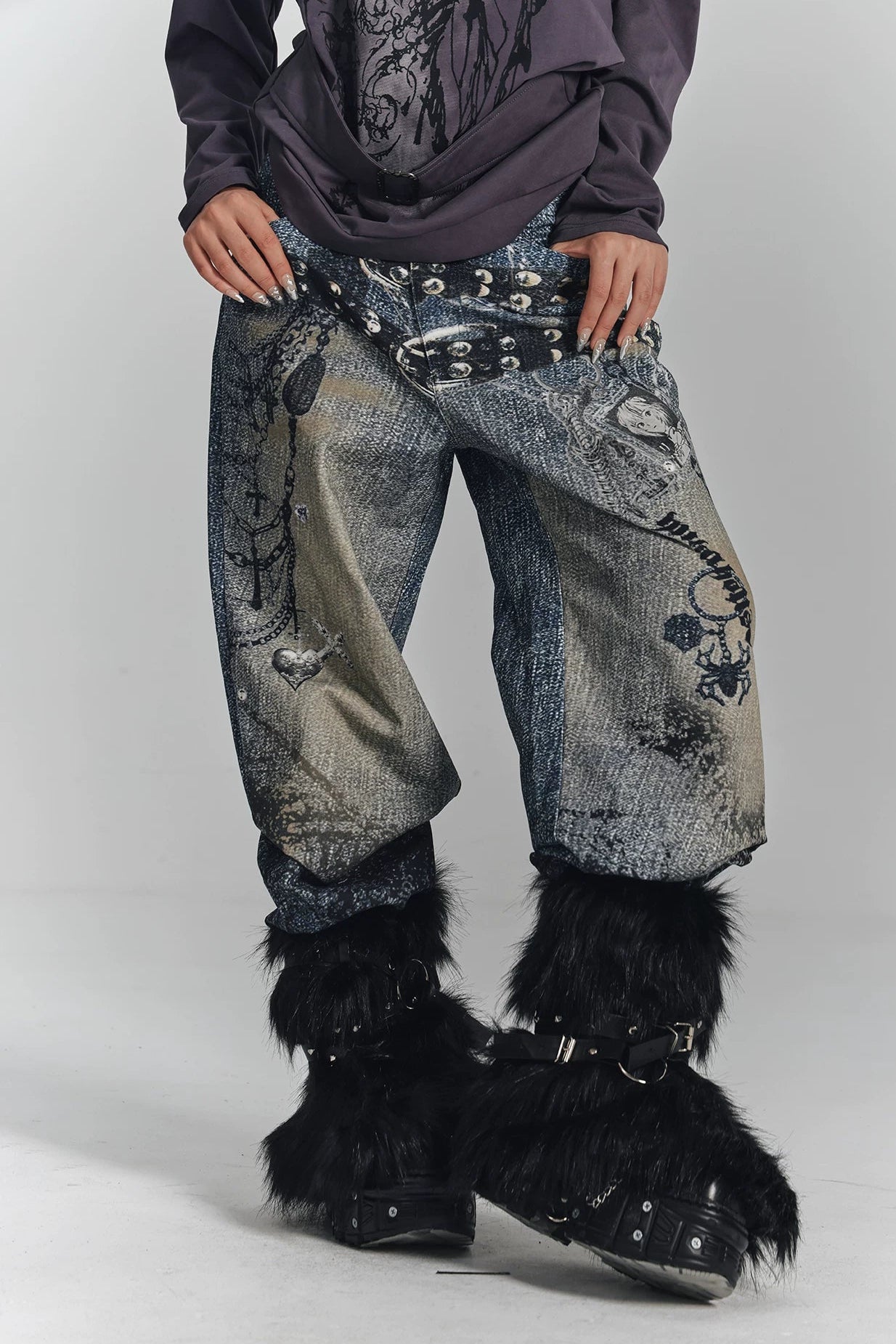 レトロデジタルプリントデニムパンツ