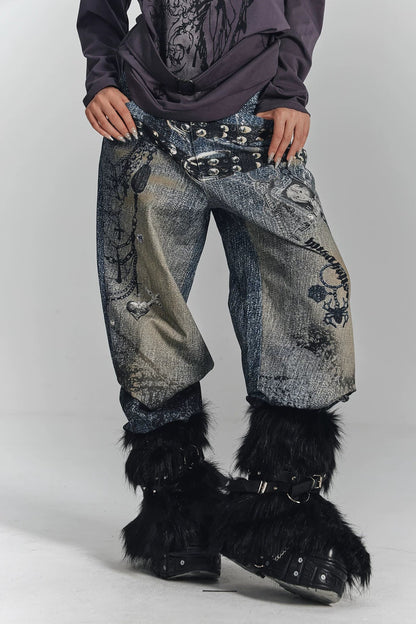 レトロデジタルプリントデニムパンツ