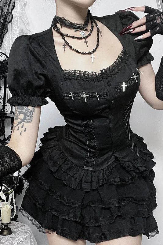 다크 스타일 고딕 퍼프 슬리브 탑