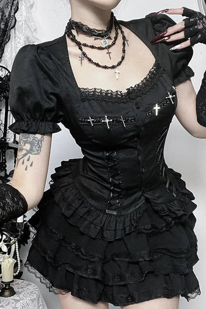다크 스타일 고딕 퍼프 슬리브 탑