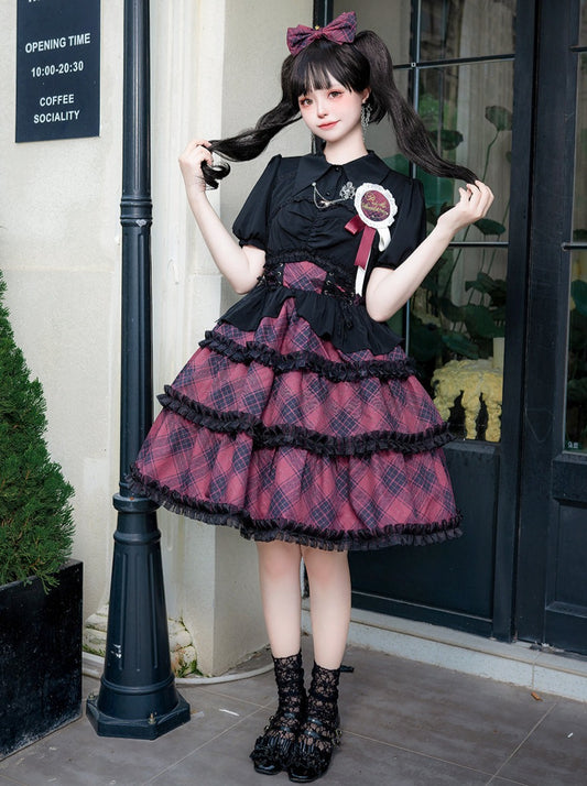 Original authentic Margaret lolita girl dress daily song dress plaid four-segment dark lo dress