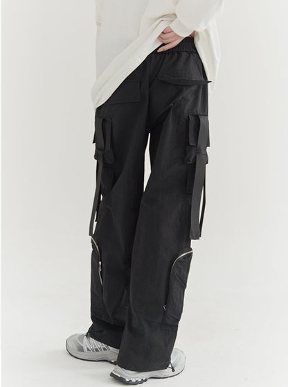 Moded belt pocket design casual straight pants