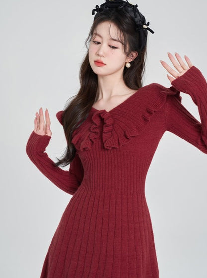 Volume Frill V-Neck Ribbed Knit Dress