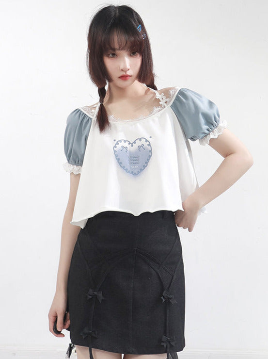 Sweet Ribbon Strap Heart Frill T-shirt + Black Ribbon Strap Skirt