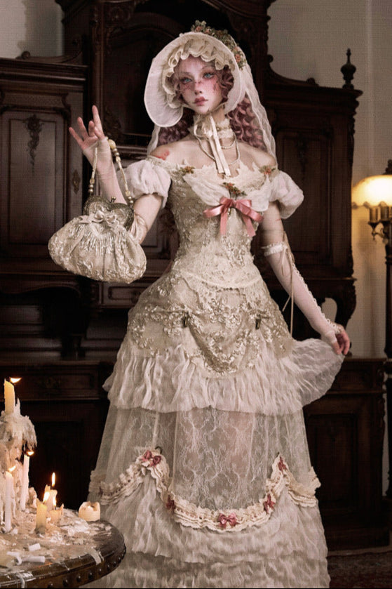 French Elegant Lolita Long Skirt + Hip Cushion Brace Skirt + Big Bow