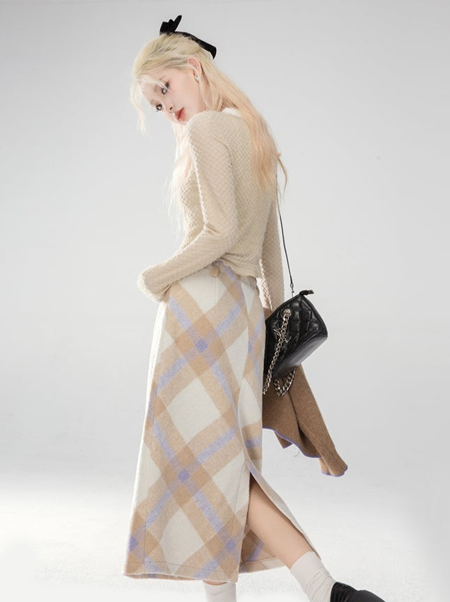 Milk Tea Argyle High Waist Draped Check Skirt