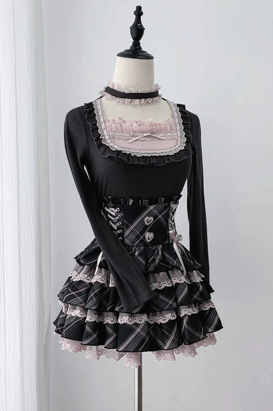 [Pre-order Deadline: October 30] Black Pink Lace Trim Square Neck Choker Design Knit Top + Lace Trim Plaid Tiered Skirt