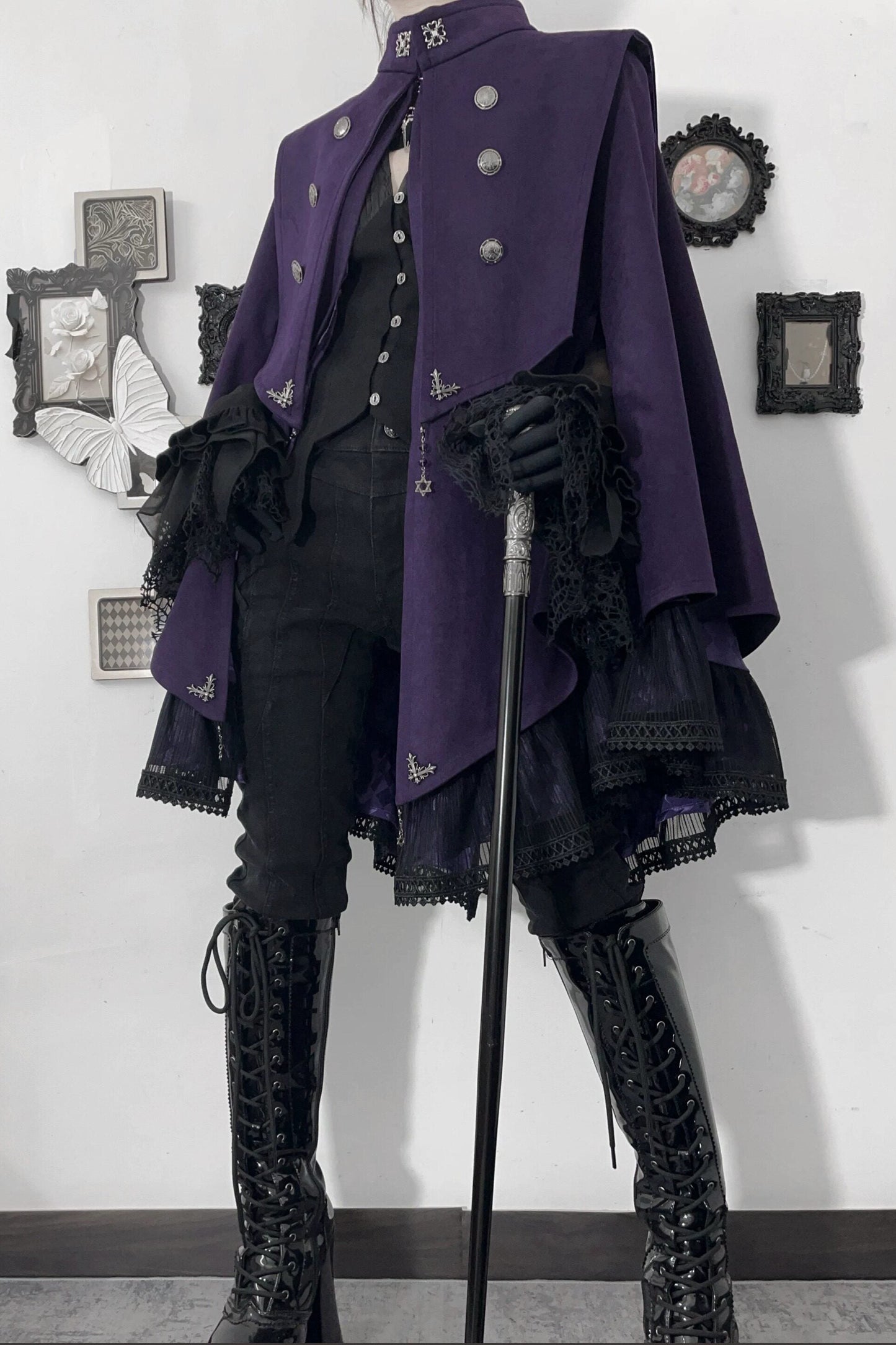 【9月5日予約締切】Dark Purple Gothic Chain Layered Lace Cape Coat(Short Length/Long Length)