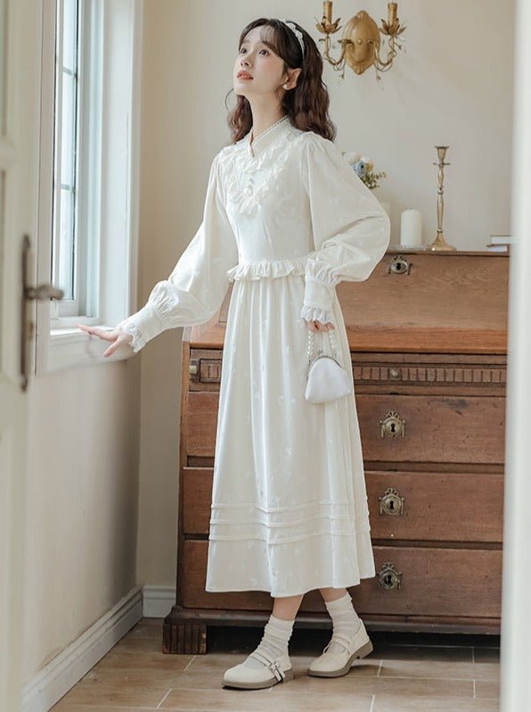 Milk Ruffle Flared Long Dress + Garden Cardigan