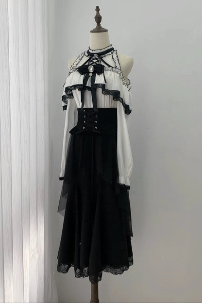 [Pre-order Deadline: October 30] Elegant Gothic White and Black Lace Off-Shoulder Long-Sleeve Ribbon Frill Blouse + Black Layered Lace Long Skirt