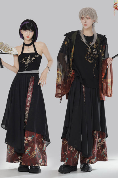 Gold Dragon Embroidered Choker Top (with Cups) + Chinese-Style Wide-Leg Pants