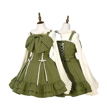 【12月26日予約締切】ゴシックロリータダークカラーストライプリボンサスドレス