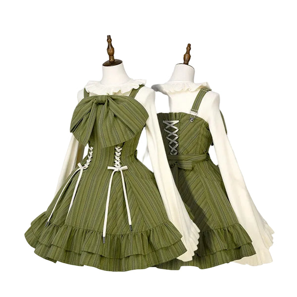 【12月26日予約締切】ゴシックロリータダークカラーストライプリボンサスドレス