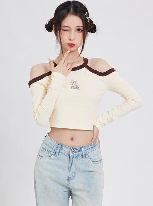 Open Shoulder Short Bicolor Tops