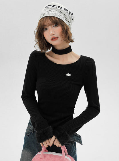 Fur Sleeve Mode Slim Long T + Neck Collar