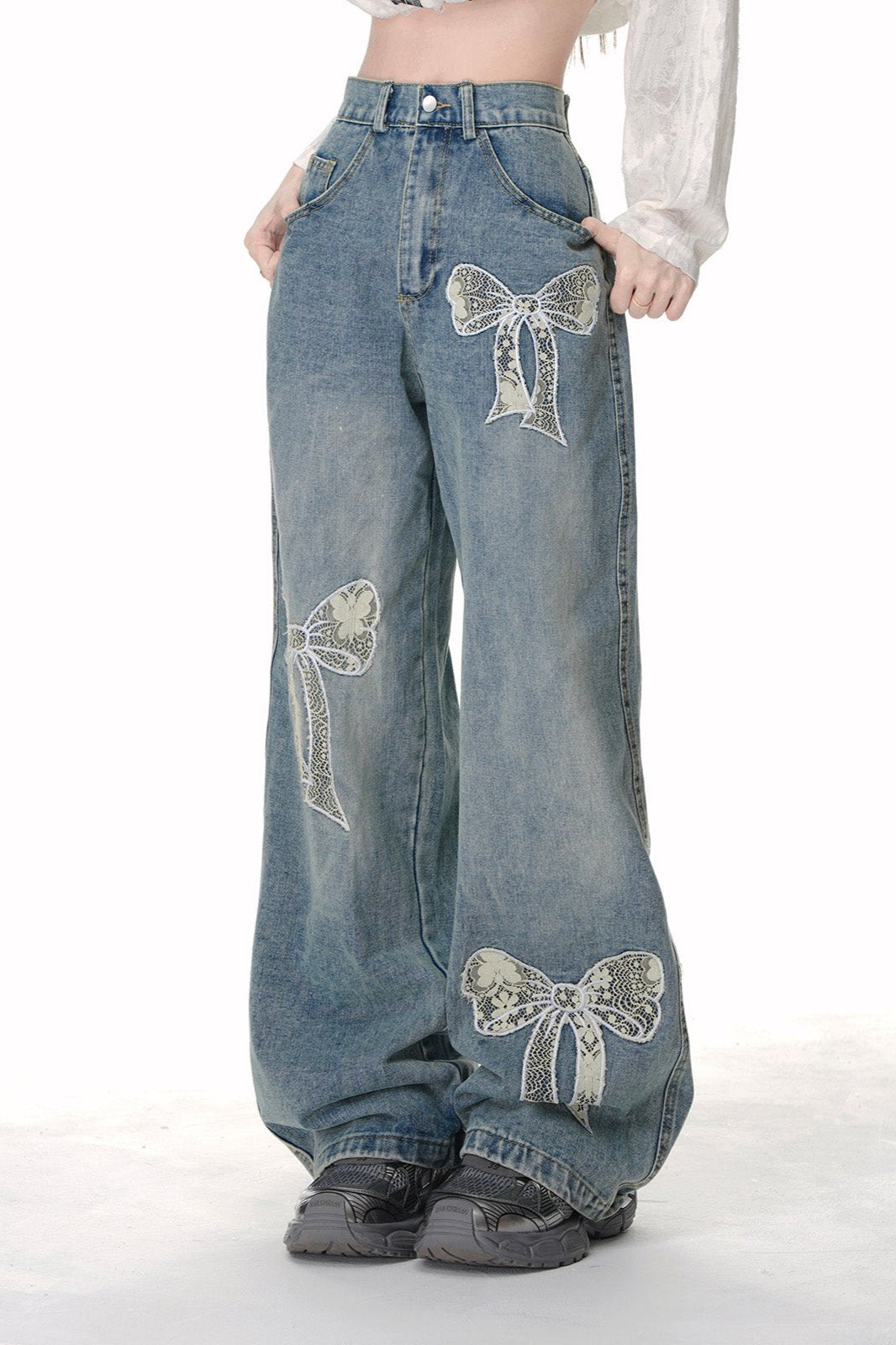 Lace Ribbon Wide Leg Jeans – Belchic Lace Ribbon Wide Leg Jeans – Belchic