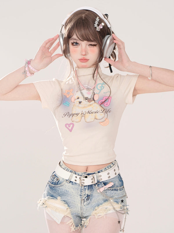 キュートリトルドッグプリントアメリカンハイネックショートTシャツ【予約商品】