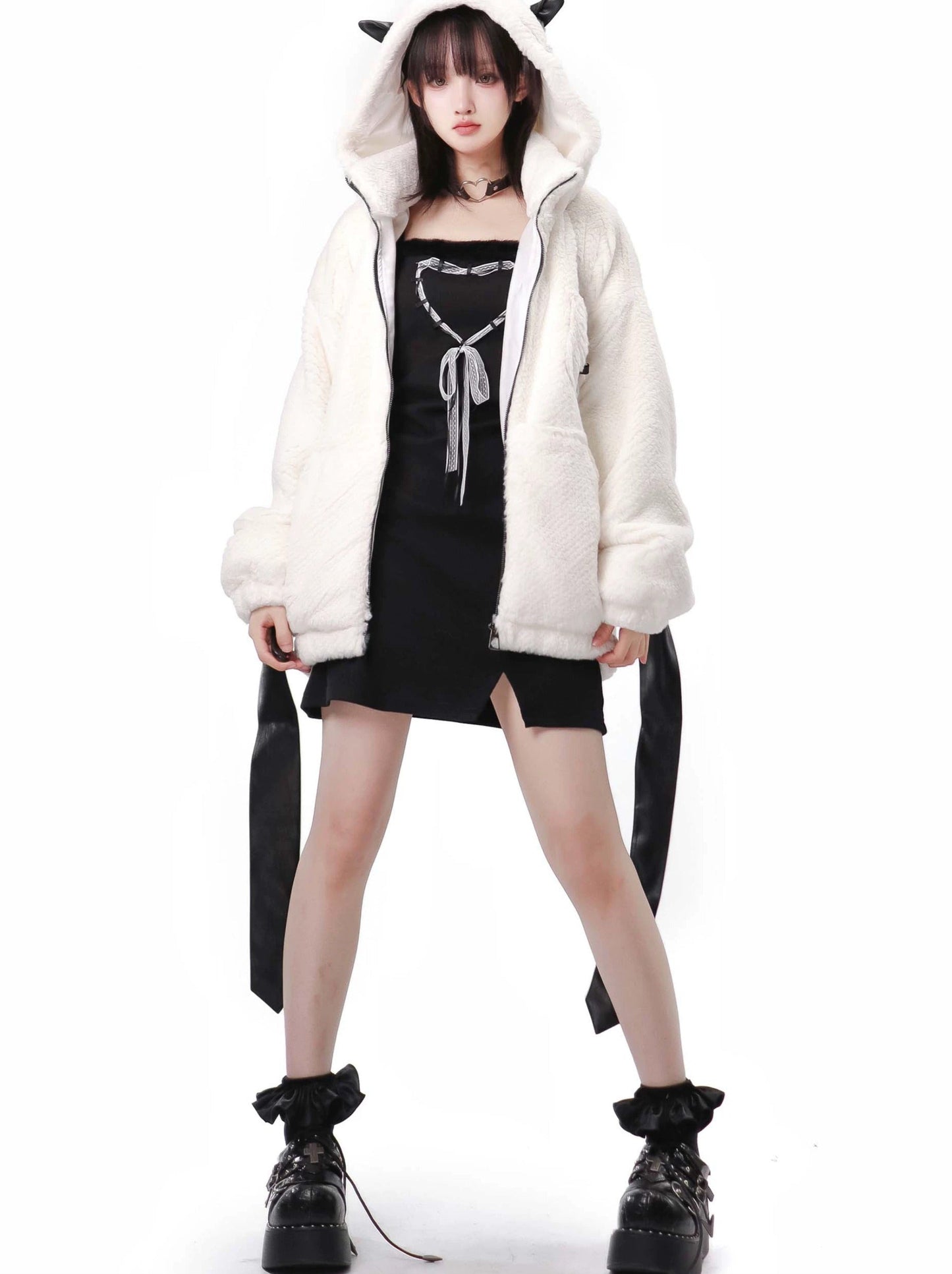 Fast Snow Original Back Ribbon Hoodie Fur Coat Top Skirt