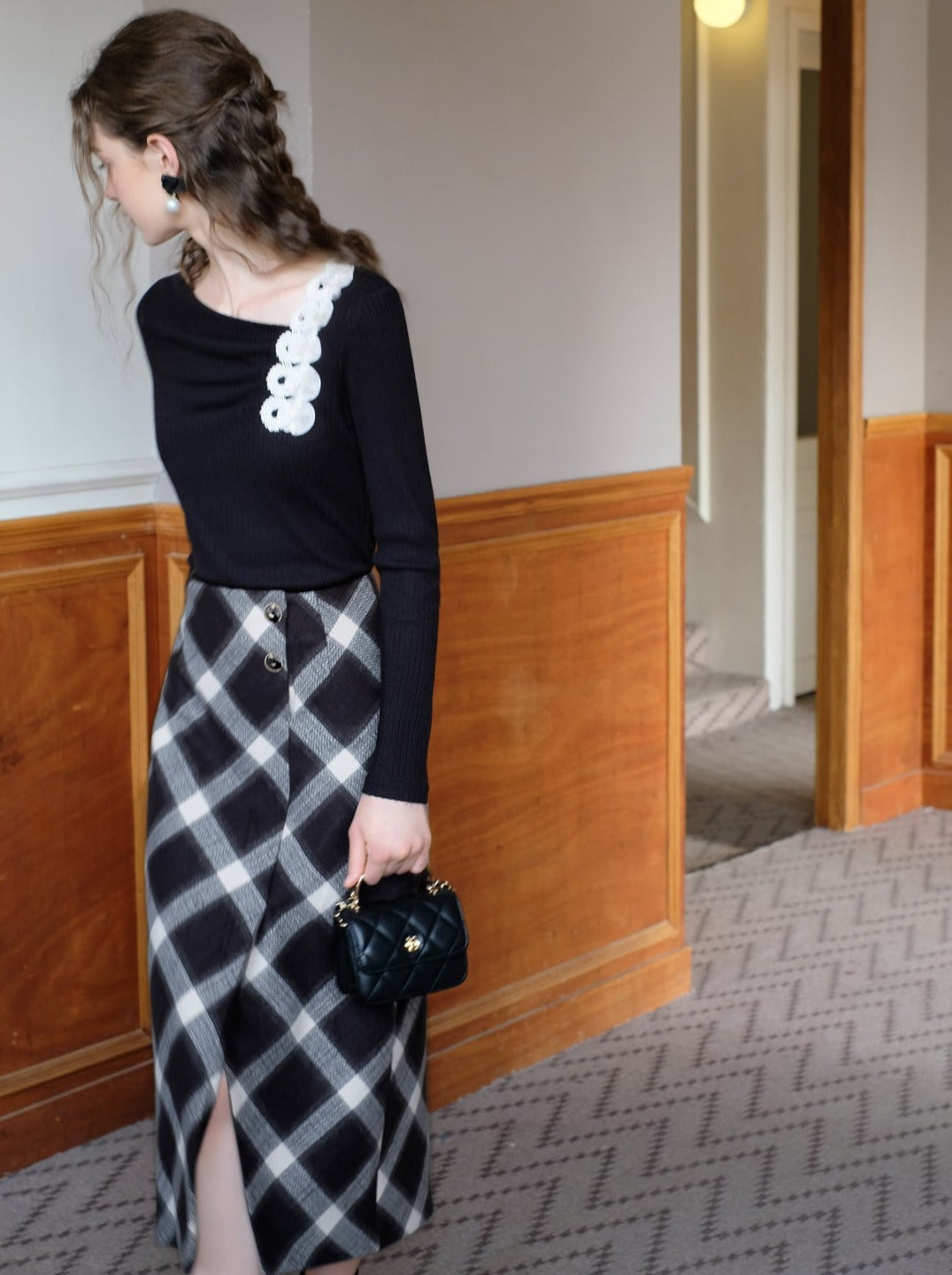 French Retro Argyle Long Slit Skirt