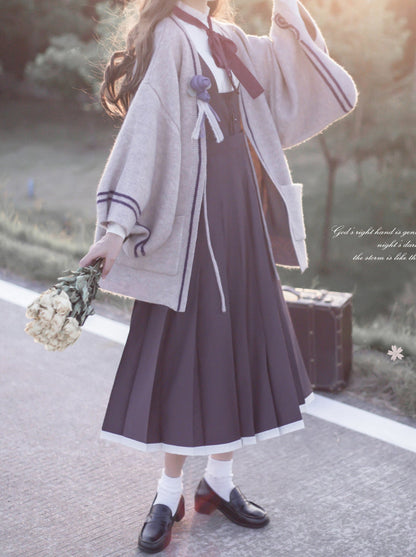 Retro Japanese sleeve knit cardigan + ruffle stand collar shirt + vest dress + ribbon + corsage